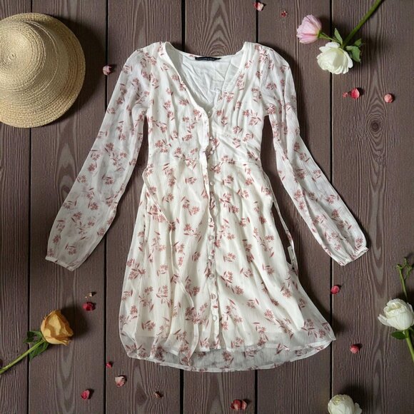 ABERCROMBIE & FITCH Floral Sheer Long Sleeve Button Down Dress Sz XXS - Picture 1 of 7